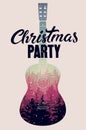 Christmas Party calligraphic retro poster design with winter forest landscape inside silhouette acoustic guitar. Vector illustrati